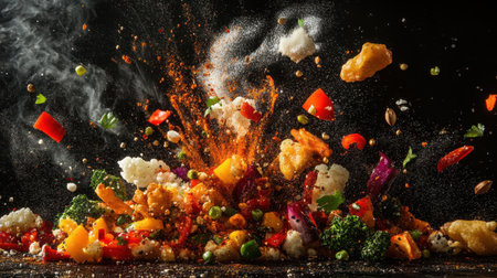 An explosion of fried delights and colorful vegetables, spices swirling around in vibrant trails, set against a dramatic black settingの素材