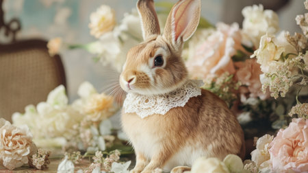 A whimsical rabbit with a lace collar sits gracefully amidst soft floral arrangements, evoking a sense of Victorian charm and peaceの素材