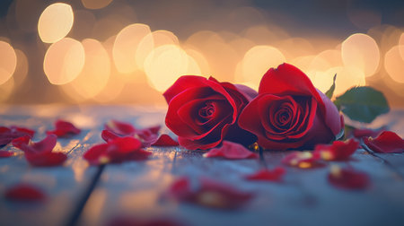 Two elegant red roses lie side by side on a wooden surface, surrounded by scattered petals and dreamy bokeh lights, symbolizing love and tendernessの素材