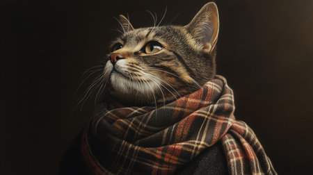 Portrait of a reflective feline wrapped in a tartan scarf and dark coat, exuding human-like emotions and eleganceの素材