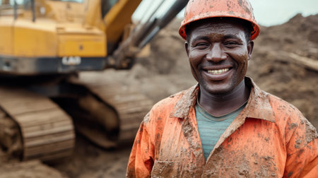 A smiling construction worker with a mud-splattered uniform stands in front of an excavator, showcasing grit and determinationの素材