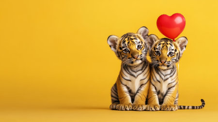 Two adorable tiger cubs sit close, one holding a red heart balloon, creating a delightful moment of youthful companionship on a bright yellow stageの素材