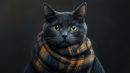 Portrait of a reflective feline wrapped in a tartan scarf and dark coat, exuding human-like emotions and eleganceの素材