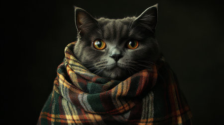 Portrait of a reflective feline wrapped in a tartan scarf and dark coat, exuding human-like emotions and eleganceの素材