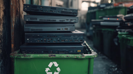 A stack of laptops ready to be recycled into a green bin with a recycling symbol, emphasizing e-waste management and eco-conscious actionsの素材