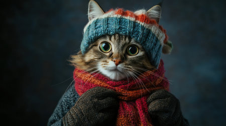 A whimsical cat in a full winter outfit, including gloves and a scarf, exuding charm against a dark studio backdropの素材