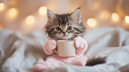 Playful kitten in a pink onesie, gripping a tiny mug, captured in a warm, inviting scene with soft tonesの素材