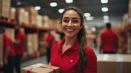 A warehouse scene with a smiling woman in a red uniform leading her team, holding packages, and symbolizing efficient logistics and camaraderieの素材