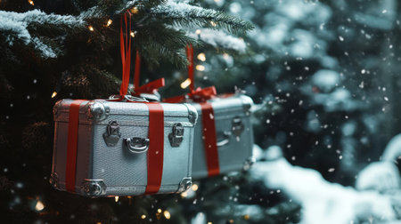 Amidst falling snow, silver suitcases with red ribbons dangle from a decorated tree, highlighting a unique blend of holiday spirit and eleganceの素材