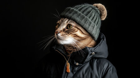 Stylish feline in a warm jacket and hat, posing confidently under a soft spotlight on a minimalist black backgroundの素材