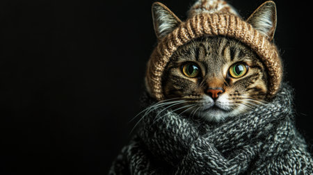 Portrait of a tabby cat dressed warmly in winter attire, isolated against a textured black background for a quirky vibeの素材