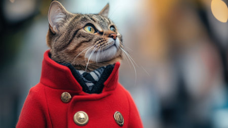 Dignified cat in a stylish red coat, standing tall against a blurred urban backdrop, evoking power and graceの素材