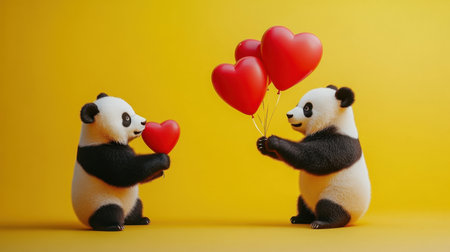 On a bright yellow stage, two pandas share a sweet moment holding red heart balloons, evoking a playful and loving atmosphereの素材