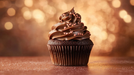 Against a warm backdrop, a chocolate cupcake with velvety frosting and heart-shaped sprinkles highlights sweetness and romantic celebrationの素材