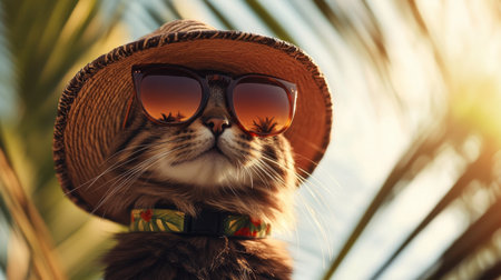 Stylish cat in a tropical-themed hat and bold sunglasses, surrounded by blurred palm trees and warm summer light for an artistic flairの素材