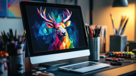 The workspace of a graphic designer features a tablet displaying a colorful polygonal deer artwork, symbolizing modern digital artistryの素材