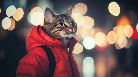 Party-ready tabby cat in a red jacket, standing coolly with its head tilted amidst a dynamic city light backdropの素材