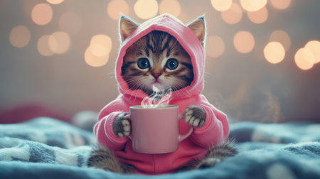 Adorable kitten in a pink hoodie, holding a steaming mug with tiny paws, sitting against a warm and cozy backdropの素材