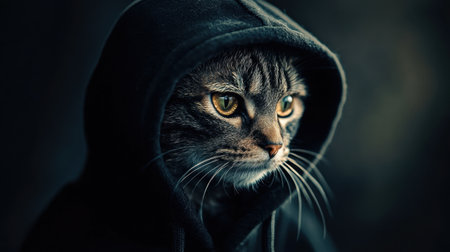 Intense portrait of a cat in a sleek black hoodie, its sharp eyes gazing forward against a dimly lit backdropの素材