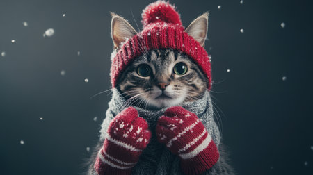 A whimsical cat in a full winter outfit, including gloves and a scarf, exuding charm against a dark studio backdropの素材