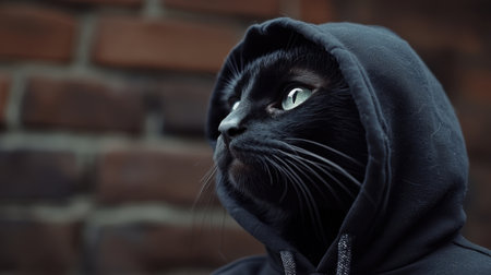 Pensive feline wearing a black hoodie, its solemn expression exuding mystery and depth against a dark urban backdropの素材