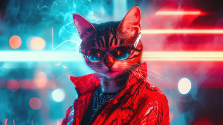 Cool cat in a bold red jacket, surrounded by vibrant light effects, exuding an edgy party-ready vibeの素材