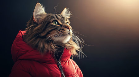 Close-up of a majestic cat in a red winter jacket, exuding confidence and style under a soft spotlightの素材