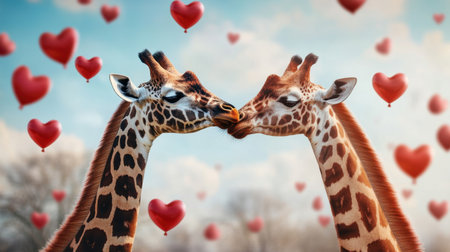 Two giraffes delicately touch noses amidst a backdrop of floating heart balloons, embodying tender love and connectionの素材