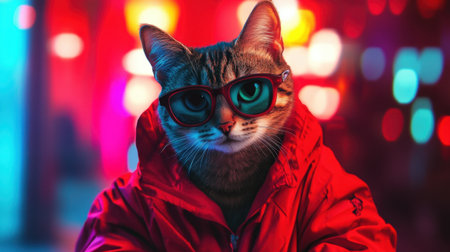 Urban chic cat in a red jacket, posing with swagger under colorful lights, capturing a fun nightlife moodの素材