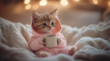 Playful kitten in a pink onesie, gripping a tiny mug, captured in a warm, inviting scene with soft tonesの素材