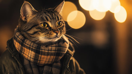 Somber tabby cat in a tartan scarf and jacket, gazing downward in a warm, dimly lit environment with a touch of dramaの素材