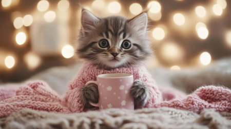 Sweet kitten dressed in pink, holding a mug with both paws, surrounded by soft lighting and a homey backgroundの素材