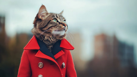 Dignified cat in a stylish red coat, standing tall against a blurred urban backdrop, evoking power and graceの素材
