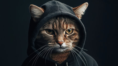 Serious cat in a black hoodie, its piercing gaze highlighted under dramatic studio lighting on a minimalist black backdropの素材