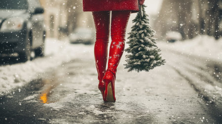 A striking figure in red high-heeled boots carries a small snow-dusted Christmas tree along a snowy street, embodying festive chic and winter charmの素材
