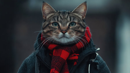 Close-up of a solemn cat dressed in a dark jacket and red tartan scarf, creating an emotional and moody atmosphereの素材