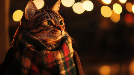 Somber tabby cat in a tartan scarf and jacket, gazing downward in a warm, dimly lit environment with a touch of dramaの素材