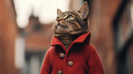 Dignified cat in a stylish red coat, standing tall against a blurred urban backdrop, evoking power and graceの素材