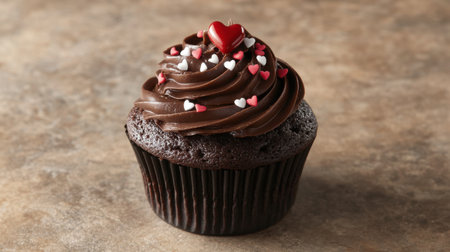Topped with rich chocolate frosting and delicate heart sprinkles, this cupcake radiates a sense of joy and sweetness, ideal for celebrating loveの素材