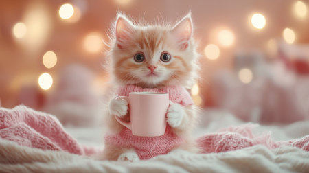 Sweet kitten dressed in pink, holding a mug with both paws, surrounded by soft lighting and a homey backgroundの素材