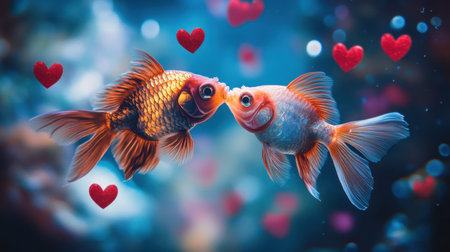 In a dreamy underwater setting, two fish share a tender kiss amidst floating red hearts, reflecting love in the serene depthsの素材