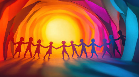 Vibrant paper cutout figures holding hands in a circle under a glowing beam, embodying unity and a shared sense of purposeの素材