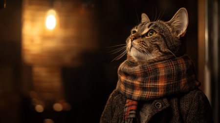 Somber tabby cat in a tartan scarf and jacket, gazing downward in a warm, dimly lit environment with a touch of dramaの素材