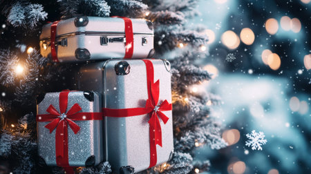 Glittering silver suitcases, wrapped in bold red ribbons, suspended from a Christmas tree surrounded by snowflakes, symbolizing festive travel luxuryの素材