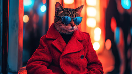 Hip feline in a red coat with sunglasses, sitting against an urban backdrop glowing with city nightlife energyの素材