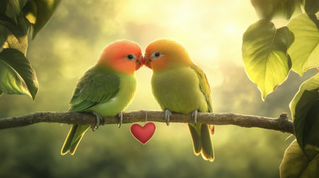 Two lovebirds sit intimately close on a branch, surrounded by heart-shaped leaves, symbolizing love and harmony in a dreamy natural settingの素材