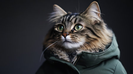 Reflective cat dressed in a green winter coat, staring into the distance under soft light against a calm neutral backdropの素材