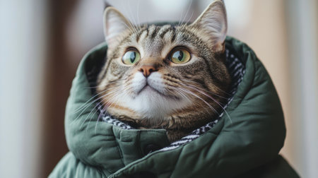 Reflective cat dressed in a green winter coat, staring into the distance under soft light against a calm neutral backdropの素材