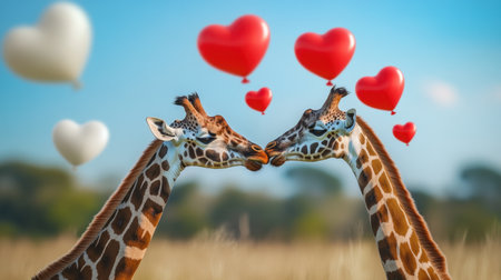 Two giraffes affectionately touch noses beneath floating red and white heart balloons, blending love and whimsy in a dreamy savanna sceneの素材