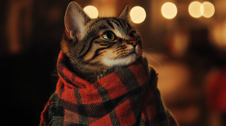 Somber tabby cat in a tartan scarf and jacket, gazing downward in a warm, dimly lit environment with a touch of dramaの素材